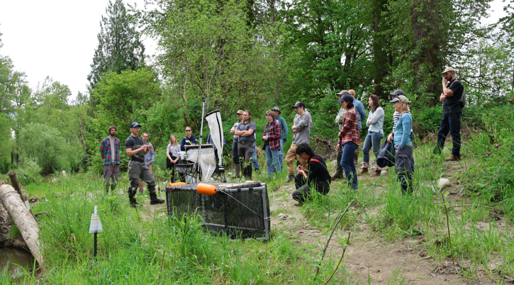 A large group of people stand listening to a person wearing dark waders and boots. Nearby is a large mesh fish enclosure and other research tools.