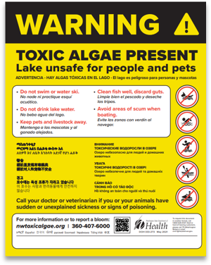 A yellow sign that says "WARNING! Toxic algae present" at the top