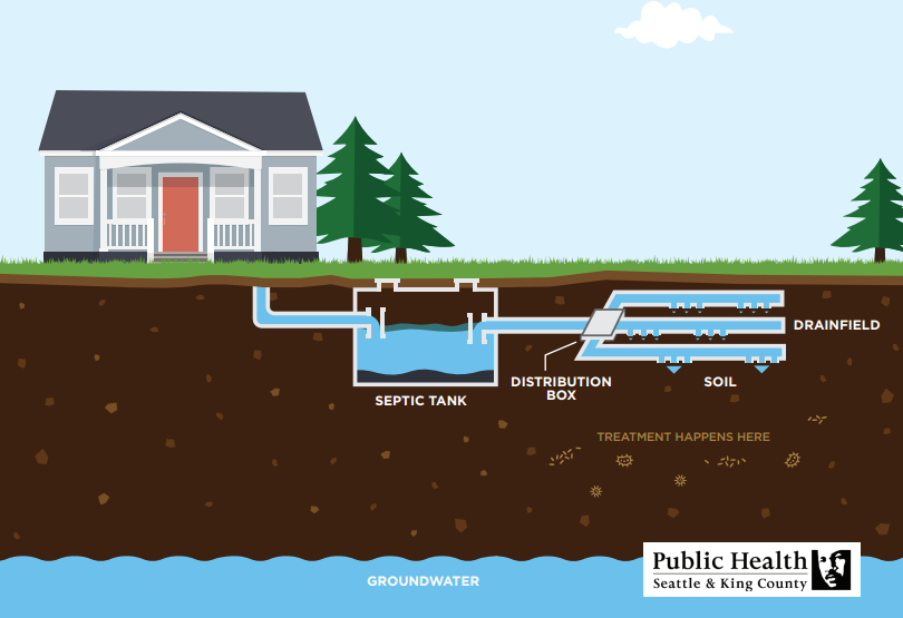 A diagram of a septic system, including the house, septic tank, distribution box, soil, drainfield, and groundwater.