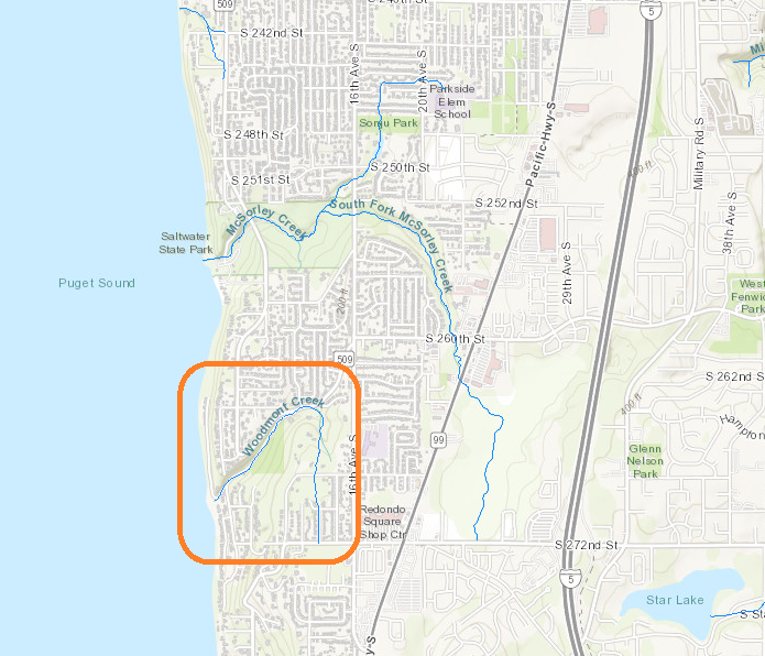 A map of Des Moines, WA, in south King County. An orange box outlines the Woodmont Creek area.