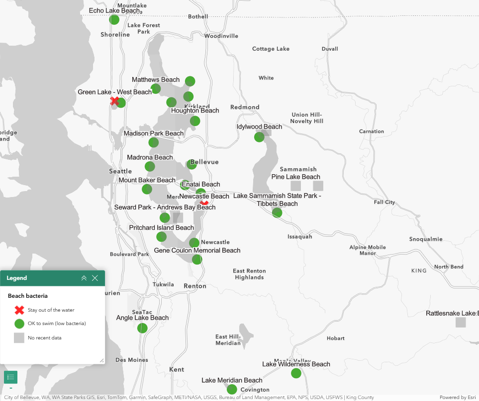 A map of King County beaches on May 20, 2026. Green circles mean the beach is open for swimming. Red X's mean the beach is closed for swimming.
