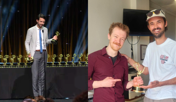Left photo is of a man in a gray suit standing on stage with an Emmy trophy for a science video. Right photo is of two men posing happily with a gold trophy.