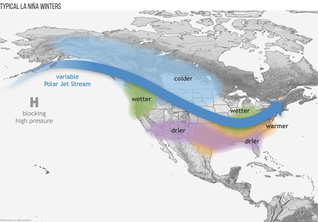 This figure shows how winter weather patterns play out during La Niña events, including in King County and the rest of the Pacific Northwest.