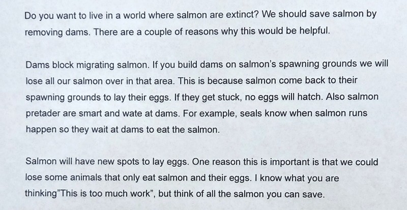 A letter from a third grader explaining how dams can harm salmon.