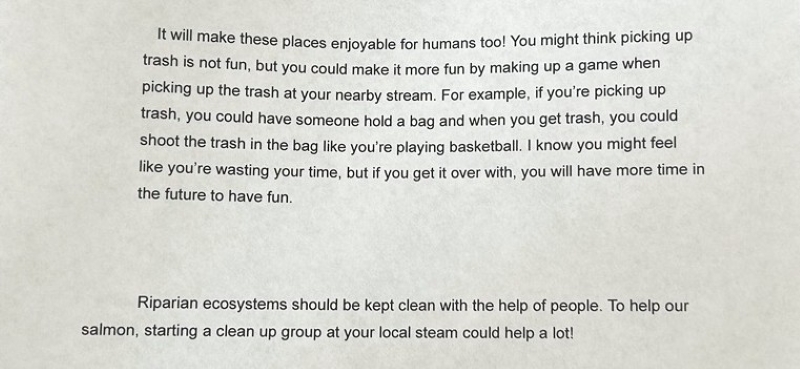A letter from a third grader encouraging people to pick up trash in and around their local streams.